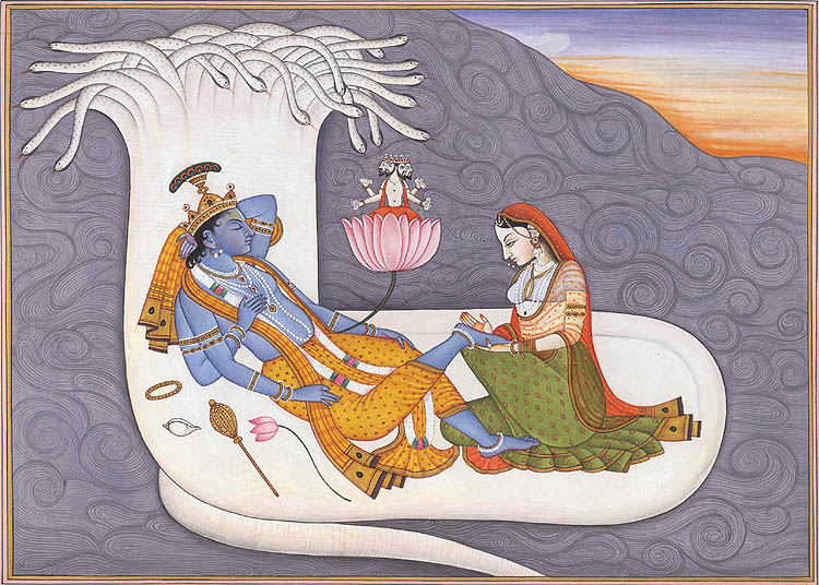Vishnu lying on Sheshanaga in Yoga Nidra